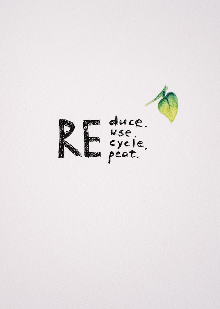 Minimalist design promoting environmental conservation with handwritten text and a leaf.